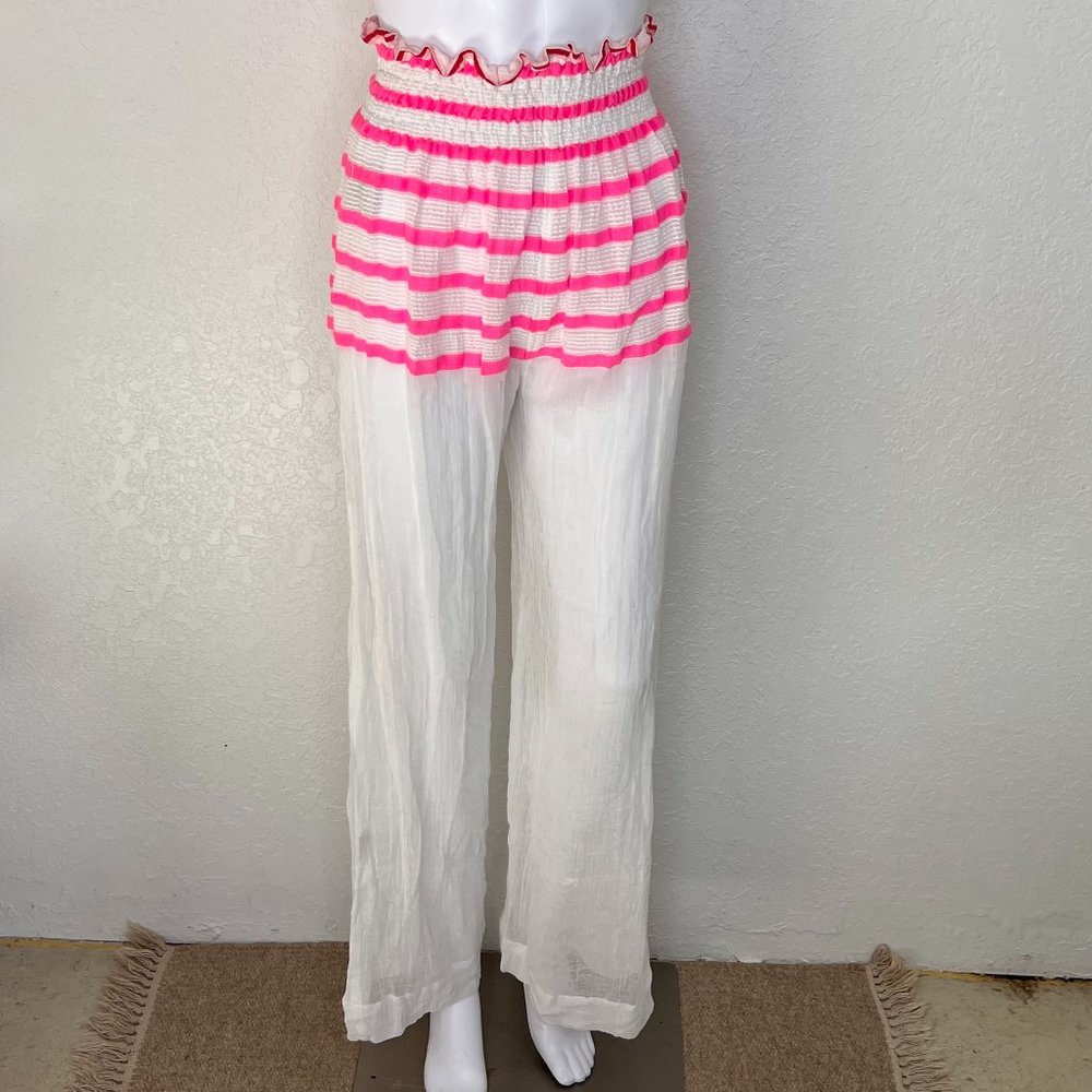 NWOT Lemlem S Pink & white Stripe‎ high rise smocked wide leg pant, S